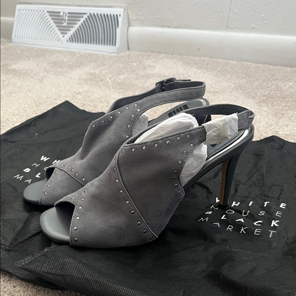 White House Black Market Gray Suede Peep-Toe Studded Slingback Heels